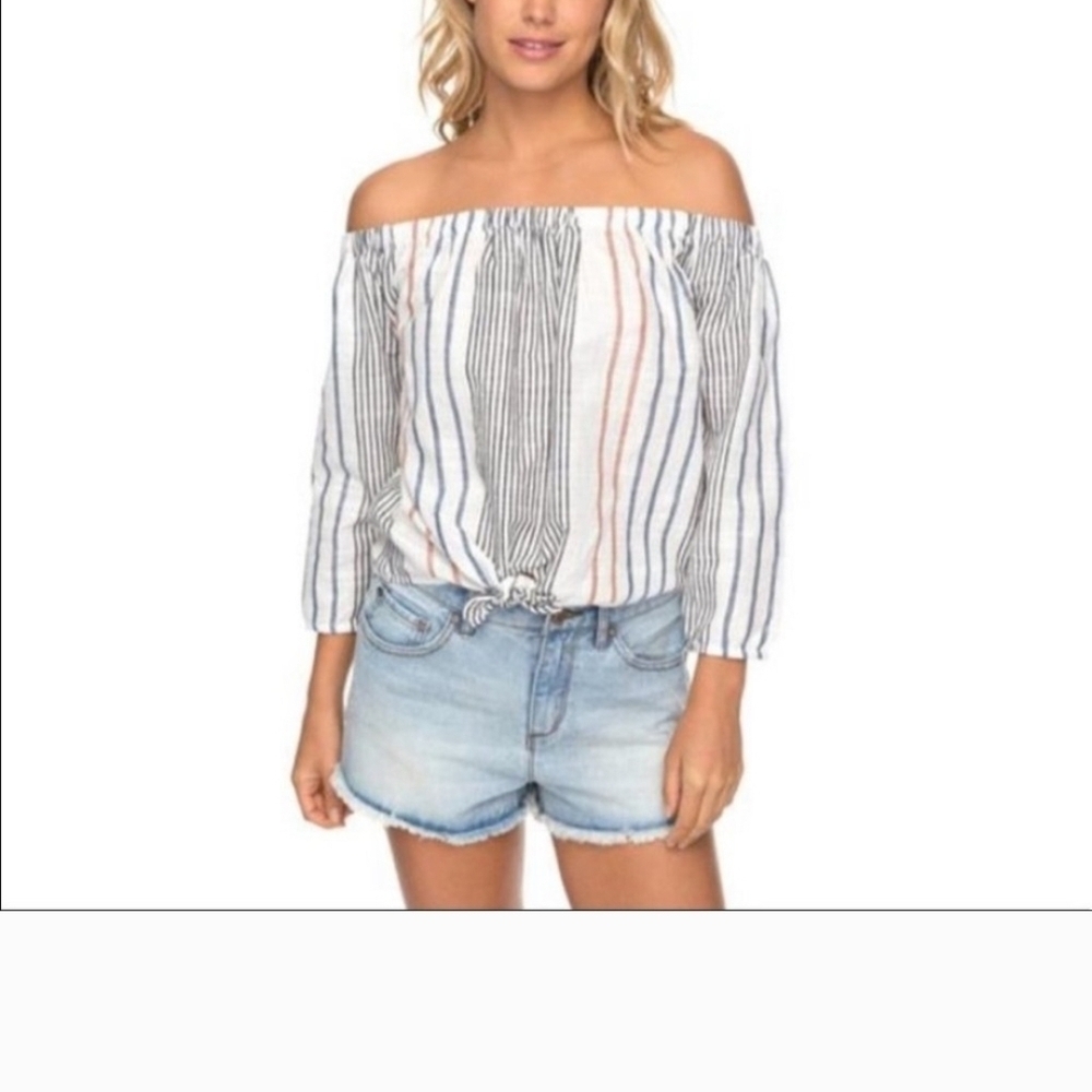 Roxy Striped Off-Shoulder Blouse in Blue and White